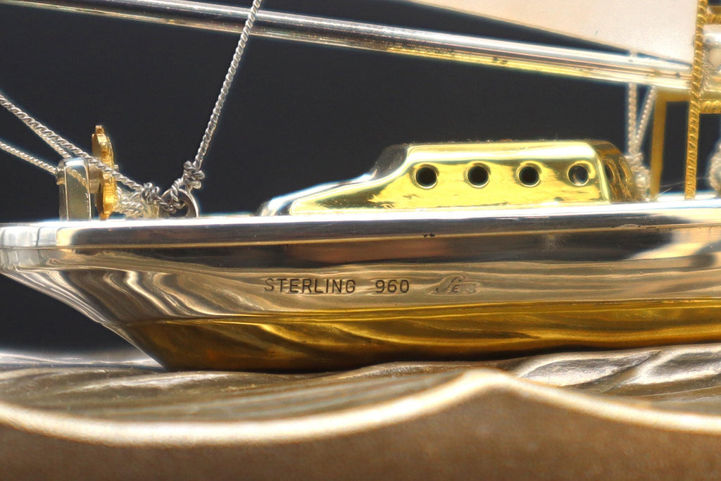 Handmade And Finely Detailed Sterling 960 Silver Model Of A Sailing Ship, Sports Boat Sculpture By Japanese Artist Silversmith Seki Takehiko