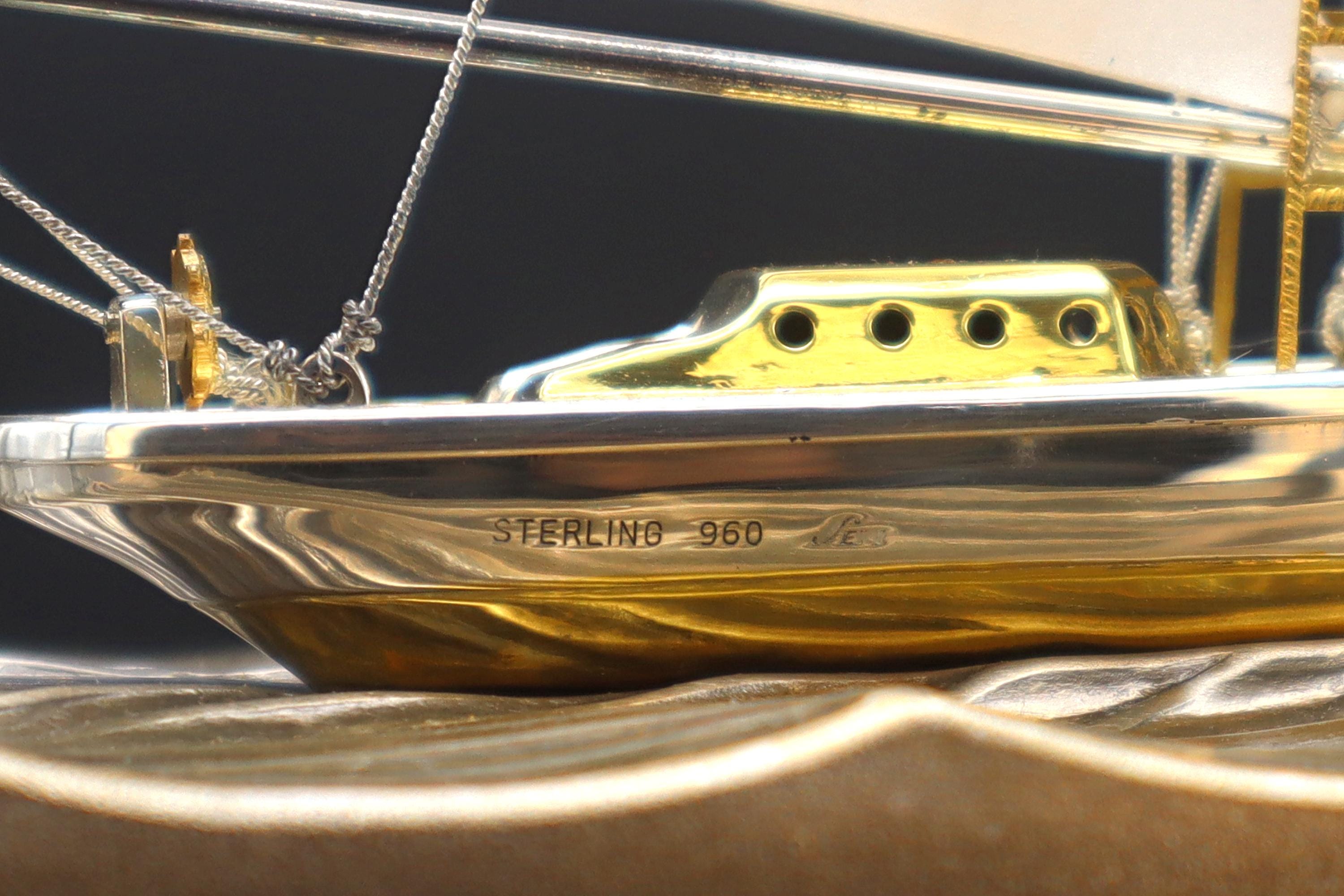 Handmade And Finely Detailed Sterling 960 Silver Model Of A Sailing Ship, Sports Boat Sculpture By Japanese Artist Silversmith Seki Takehiko