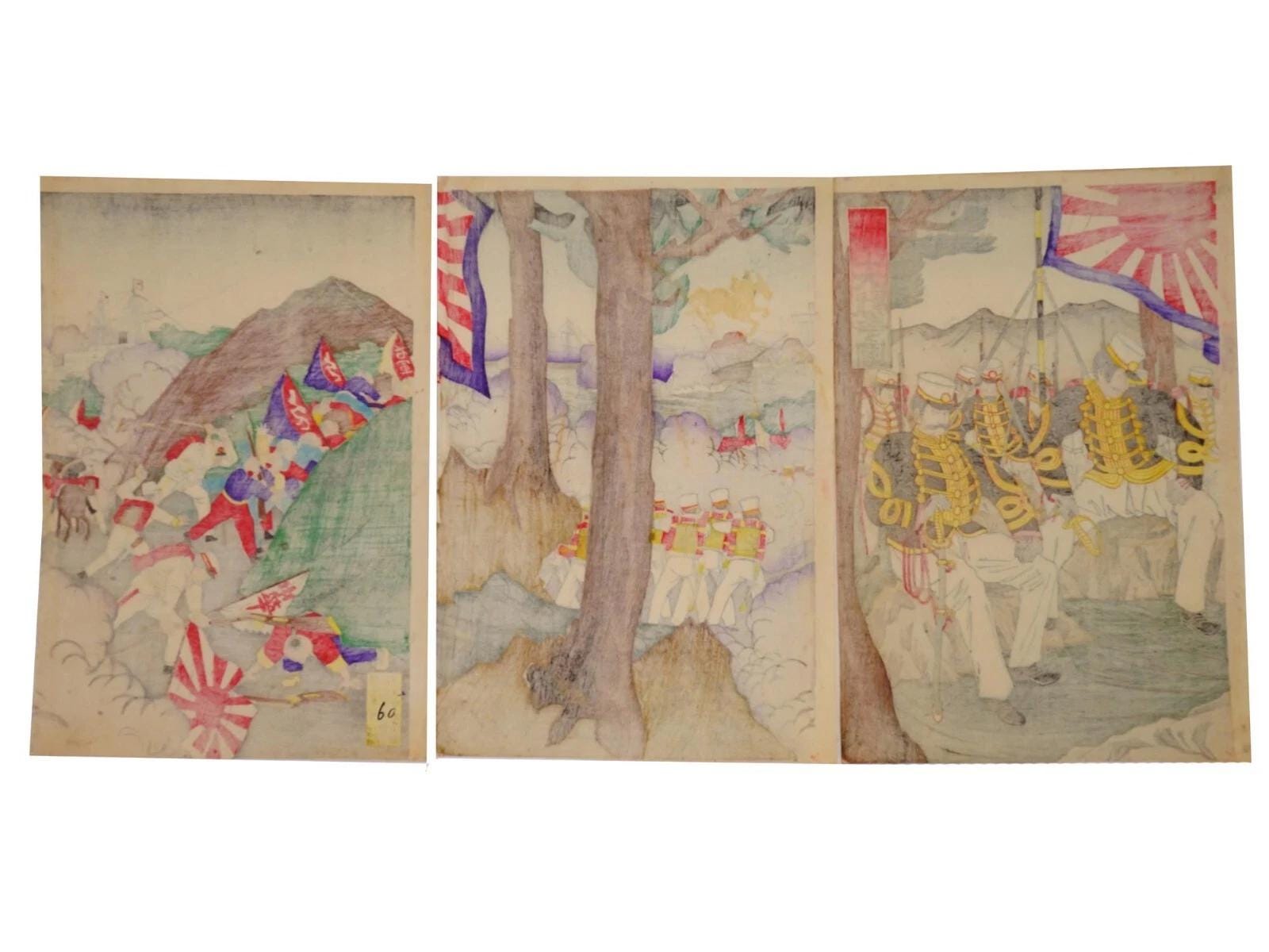 Ukiyoe Art, Original 1894 Japanese Meiji Era Sensoe Military Woodblock Triptych, Asian Oriental Art, The First Sino And Japanese War