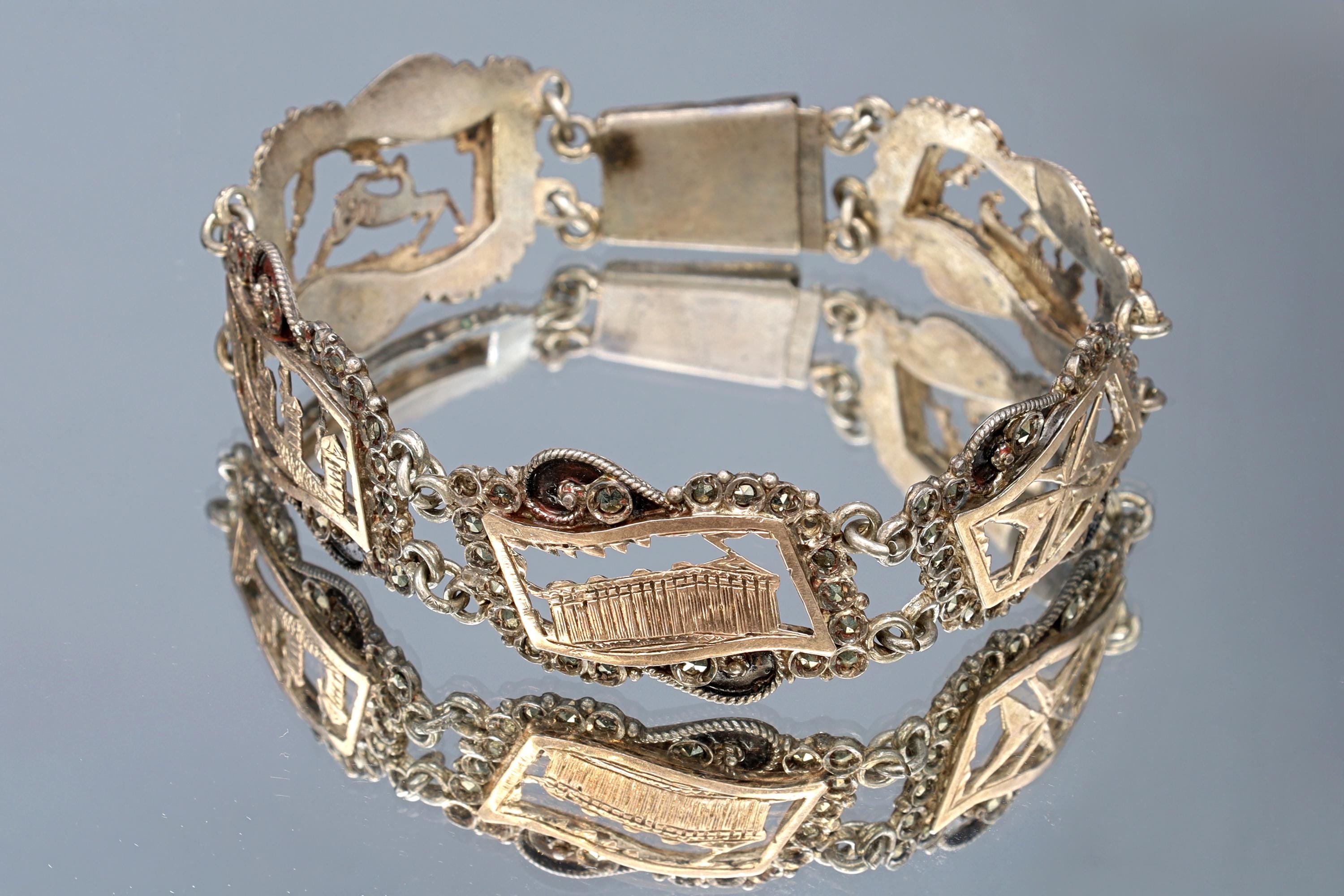 Art Deco Panel Bracelet, 900 Silver And Rose Gold. Greek Jewelry From The Mid Century, Landmarks Of Greece And Aegean Islands, Marcasite