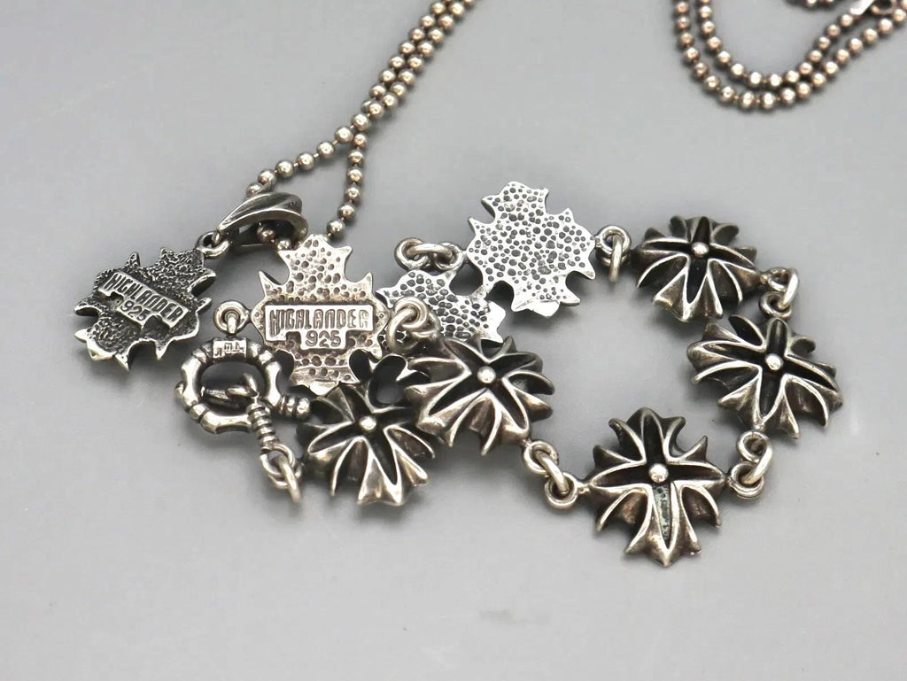 Highlander Sterling Goth Jewelry Set Signed, Pendant Necklace, Stud Earrings, Panel Bracelet, Goth Motorbike Rock and Roll Fashion