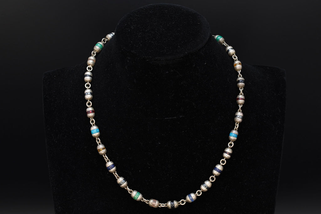 Taxco Mexico Necklace, 925 Sterling Silver Multi Color Round Cap End Capsule Link, Modernist Jewelry Unisex, Round Beaded Jewelry