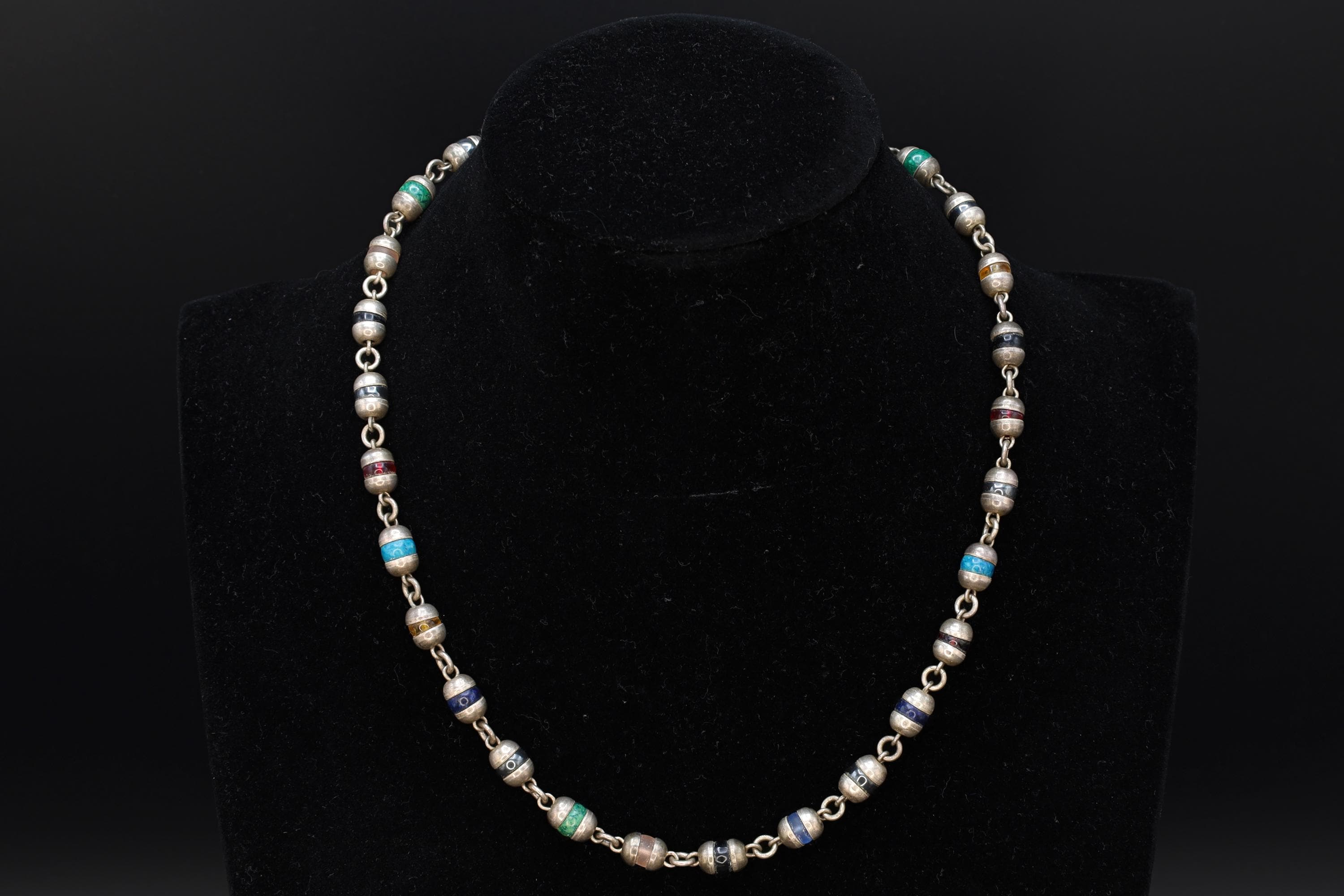 Taxco Mexico Necklace, 925 Sterling Silver Multi Color Round Cap End Capsule Link, Modernist Jewelry Unisex, Round Beaded Jewelry