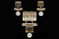 Modernist Jewelry Set With Earrings And Brooch Made With 925 Silver, Gold Wash Vermeil, Smoky Quartz And Pink Purple Garnet Cabochons