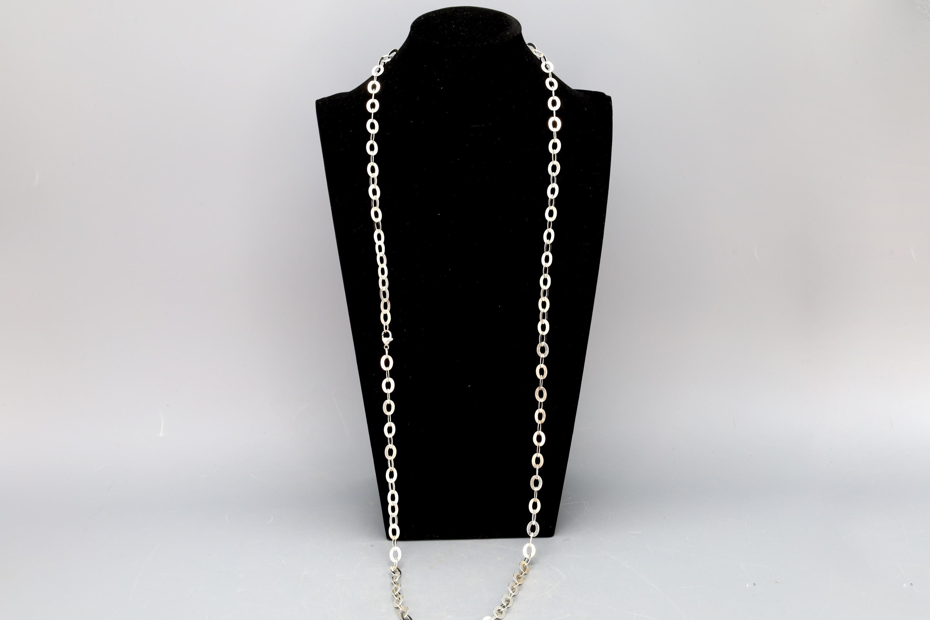 Vintage 1990s Sterling Silver Flat Rolo Chain Necklace, Fashion Jewelry Accessories, Oblongue Link, Extra Long XL Chain Necklace