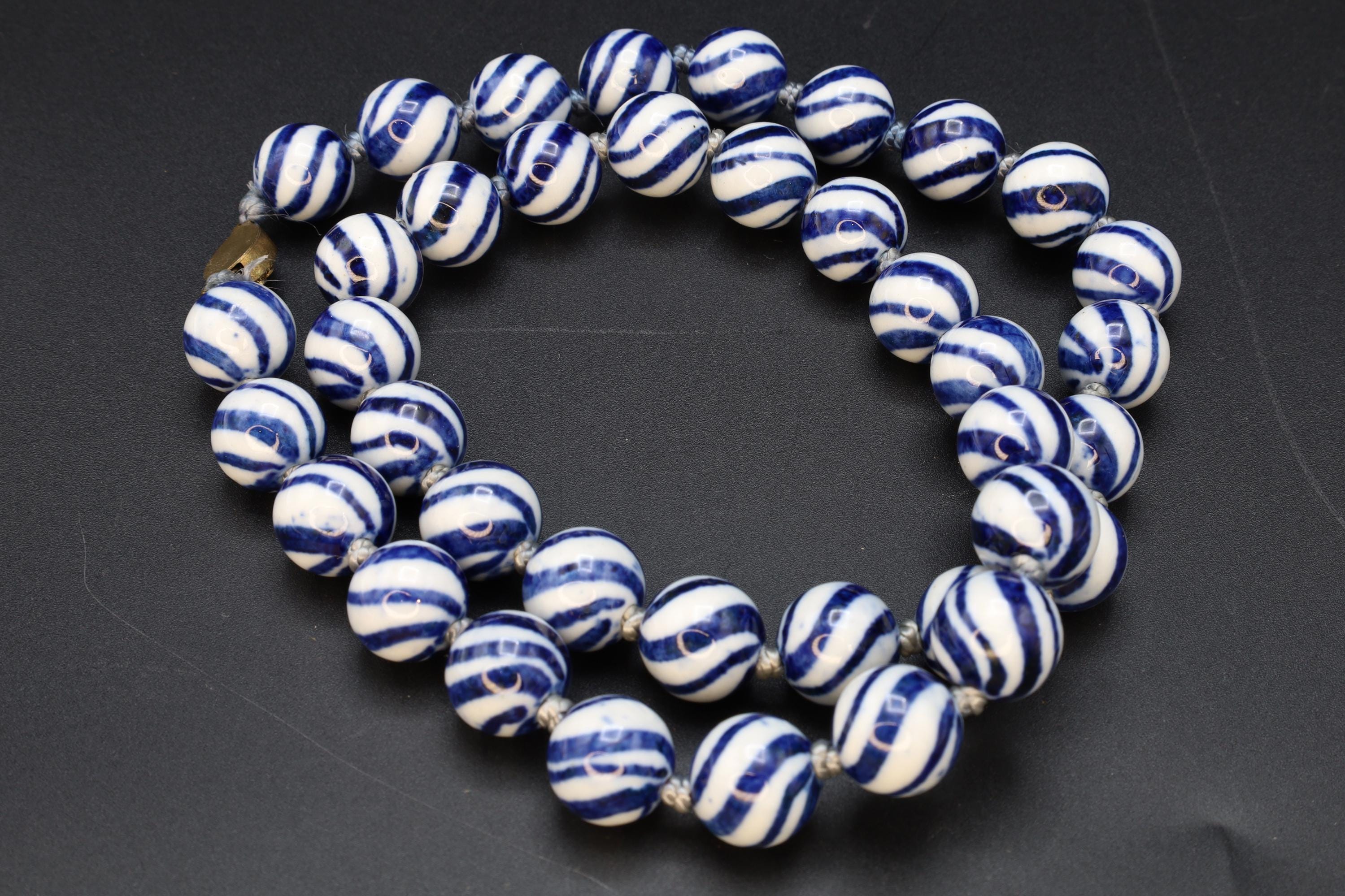 Art Deco Porcelain Beaded Necklace With Watermelon Blue And White Ball Round Beads. Chinese Exports Circa 1930s. Hand Knotted Folk Jewelry