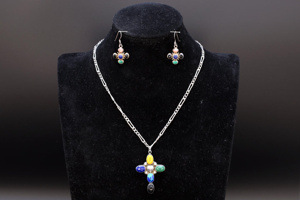 Multi Color Gemstones Jewelry Set, Modernist Cross Pendant Necklace And Dangle Earrings, Sterling Silver, Southwestern Fashion Accessories