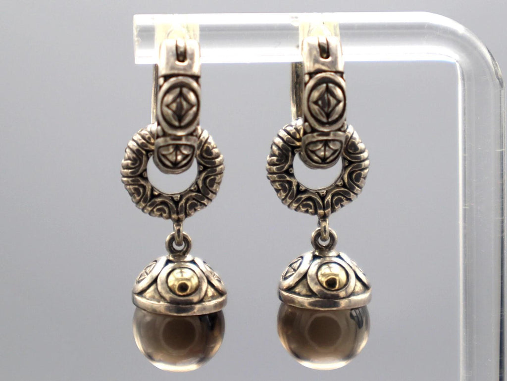 Vintage Jewelry, A 925 Sterling And 14 karats Yellow Gold Earrings, Round Smoky Quartz Ball Accent, Dangle Hook Earrings