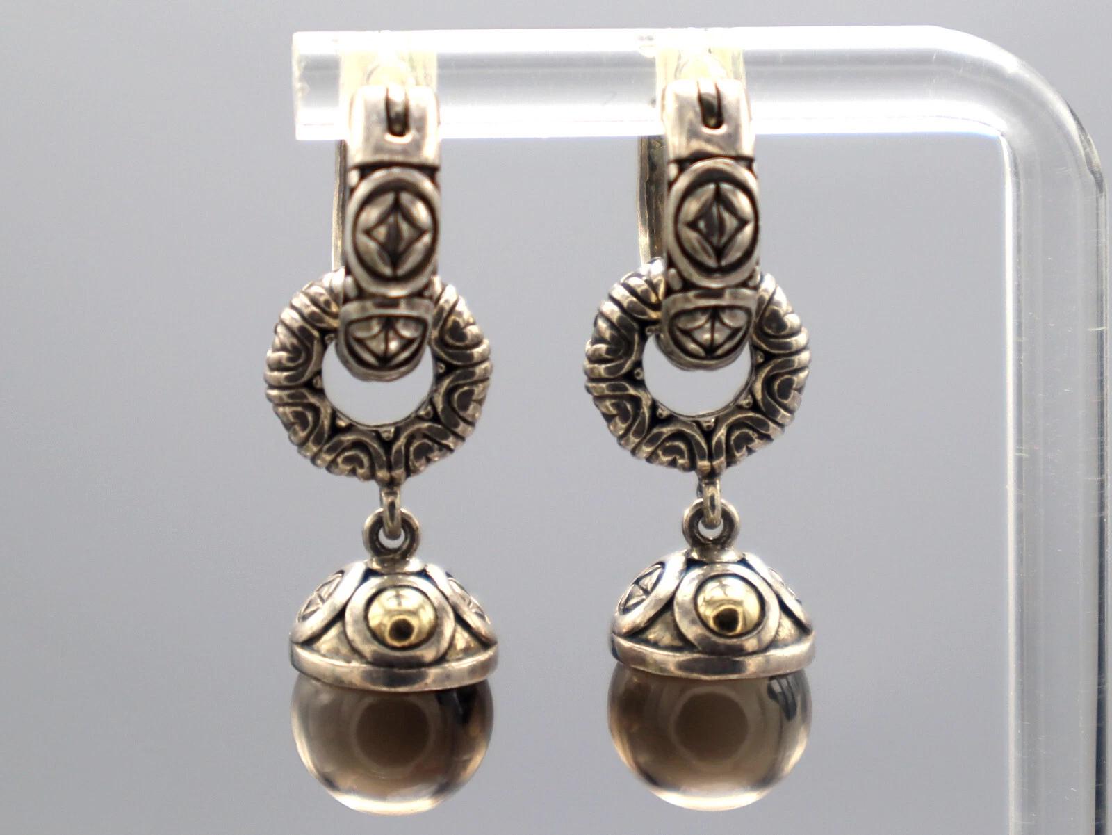 Vintage Jewelry, A 925 Sterling And 14 karats Yellow Gold Earrings, Round Smoky Quartz Ball Accent, Dangle Hook Earrings
