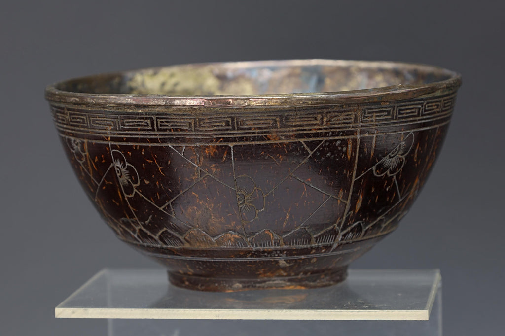 Qing Dynasty Libation Bowl, A 19th Century Chinese Carved Coconut Shell And Silvered Lined Bowl Cup, Circa 1890s East Asia Collectibles