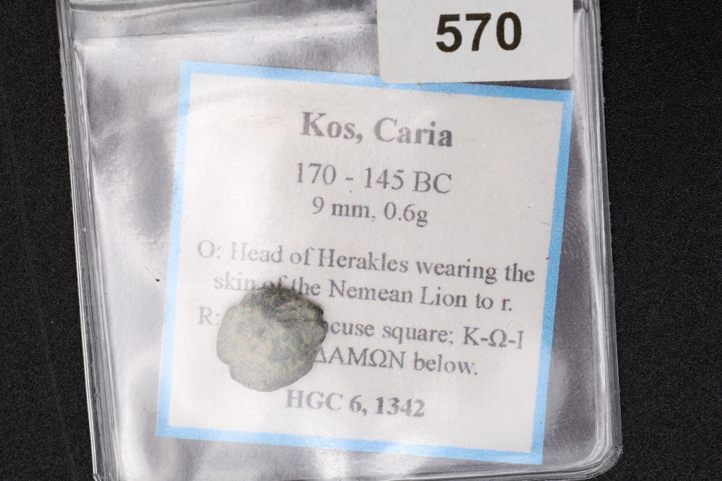 RARE, Ancient Kos Caria, 170 BCE To 145 BCE Bronze Coin, Head Of Herakles With Nemean Lion, Crab On Incuse, Collectibles And Numismatics