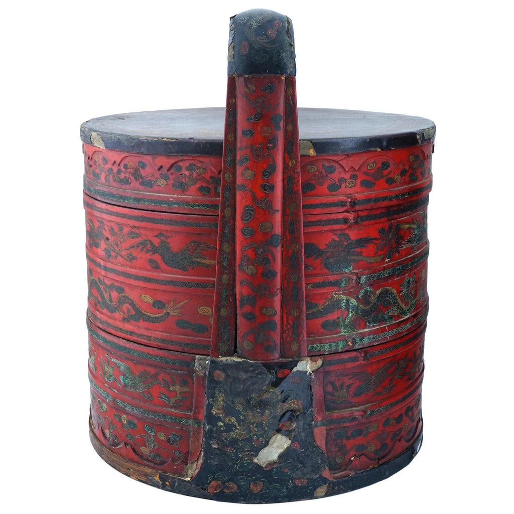 Antique Late 1800s Qing Dynasty Chinese Rice Bucket, Wooden Picnic Red Basket, Wedding Gifts, Hamper With Top Lid, Dry Food Nuts Container