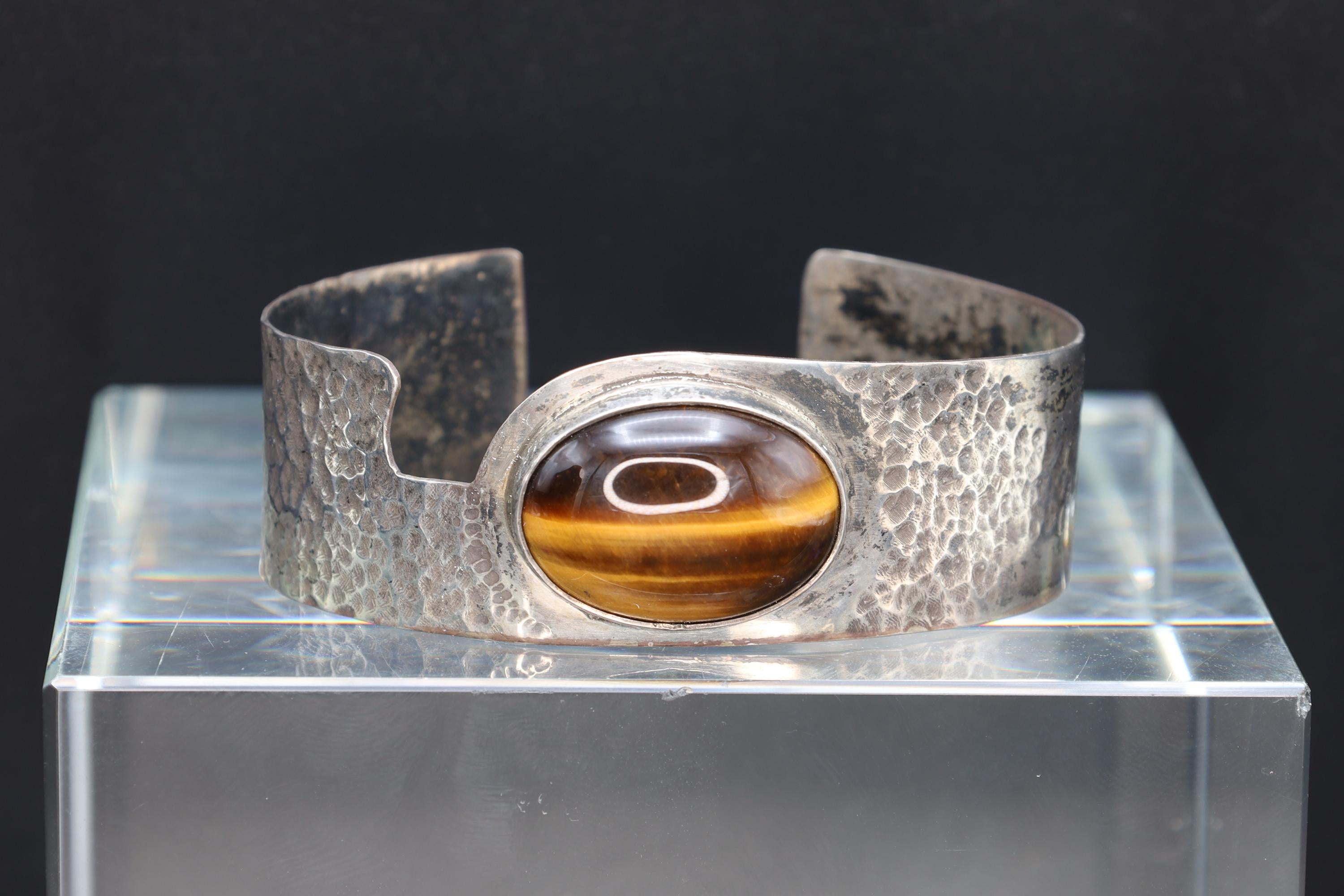 Brutalist Cuff Bracelet, 925 Sterling Silver And Oval Tigers Eye Cabochon, Modernist Design, Hammered Metal Bangle, Fashion Accessories