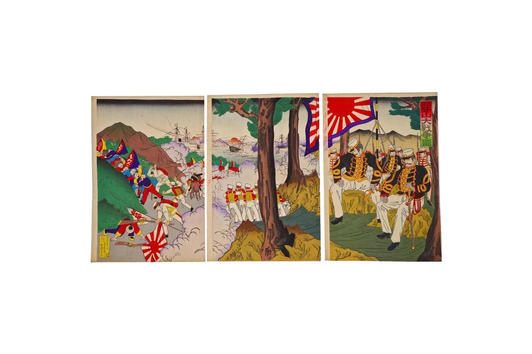 Ukiyoe Art, Original 1894 Japanese Meiji Era Sensoe Military Woodblock Triptych, Asian Oriental Art, The First Sino And Japanese War