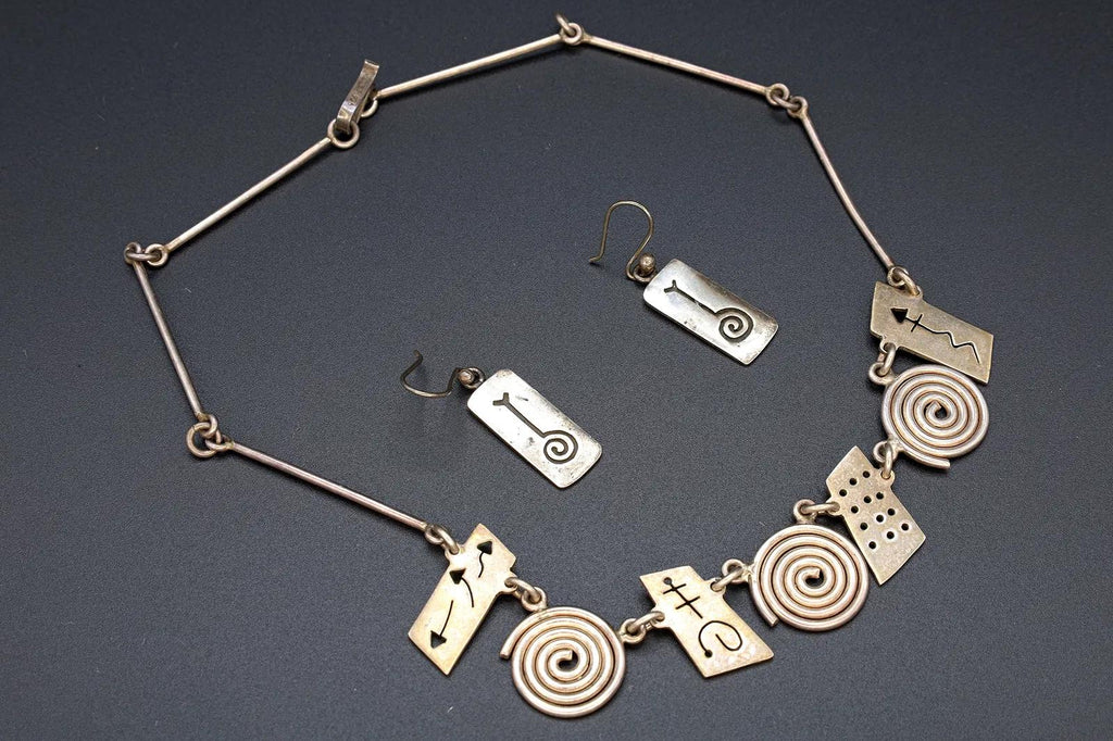 Vintage 1990s Jewelry Set, Bib Necklace And Dangle Earrings, Modernist Design, Mexican 925 Sterling Silver