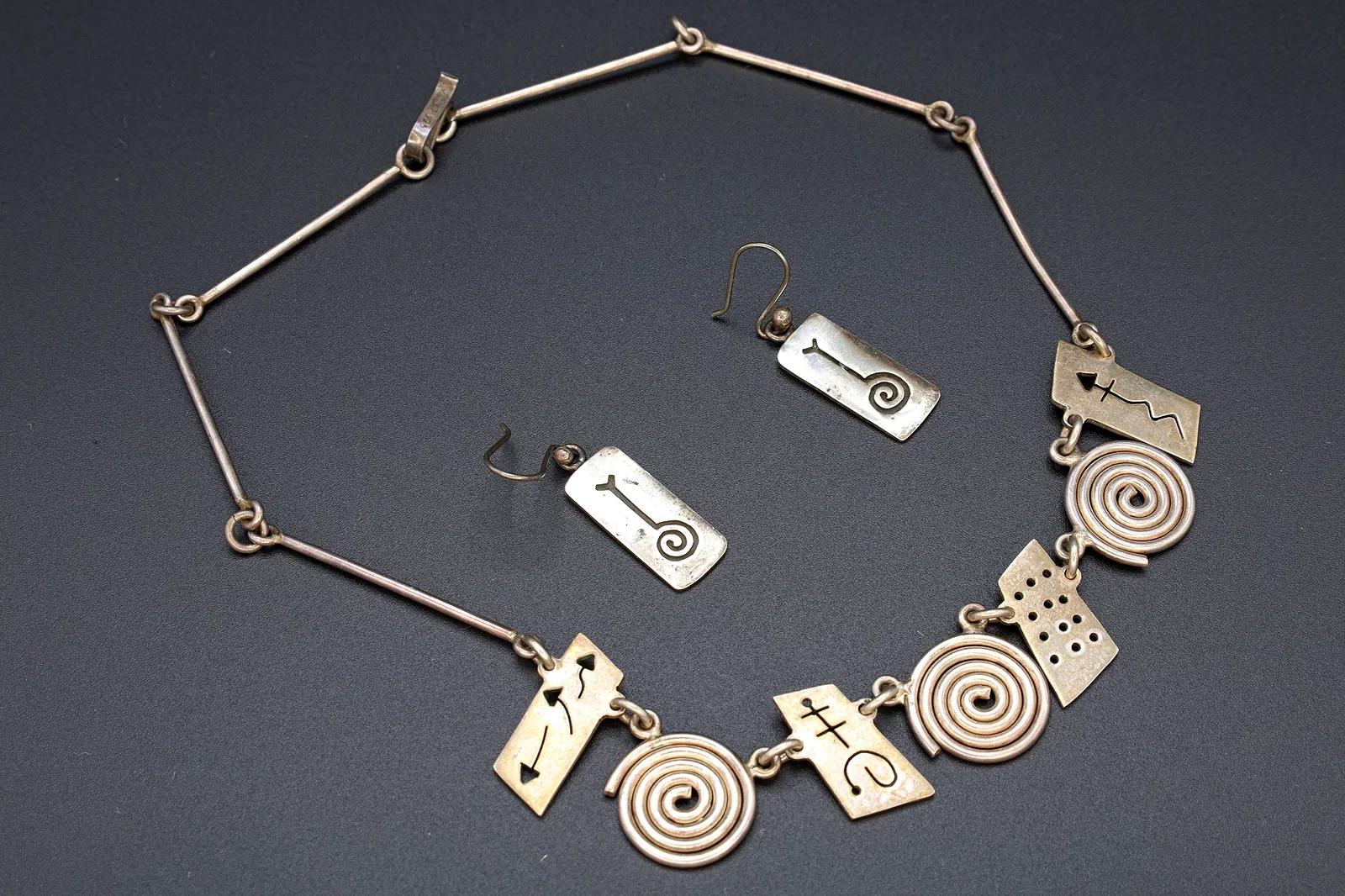 Vintage 1990s Jewelry Set, Bib Necklace And Dangle Earrings, Modernist Design, Mexican 925 Sterling Silver