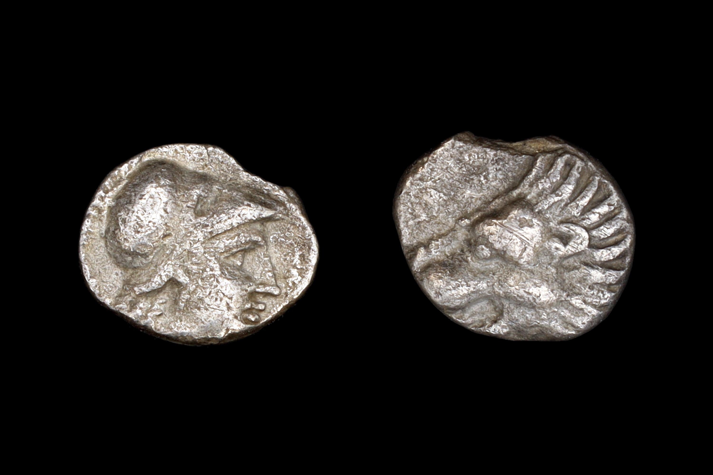 Side, Pamphylia 370 To 360 BCE Obol Silver Coin, Goddess Athena With Corinthian Helmet, Lion Head, Ancient Collectibles And Numismatics