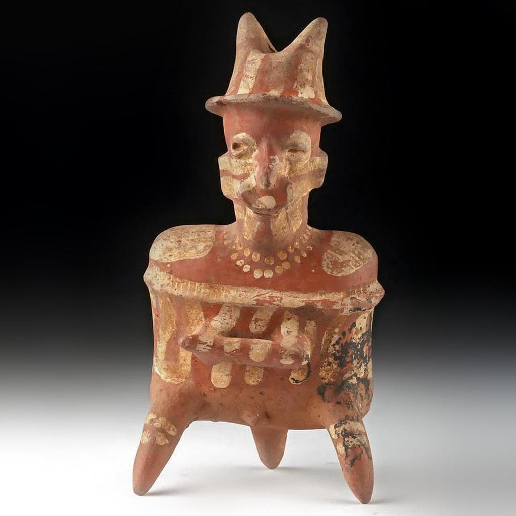 Ancient Pre Columbian Nayarit Pottery Seated Male Warrior Holding Chief’s Baton 300 BCE to 300 AD, West Mexico, Mesoamerican Tomb Burial Art