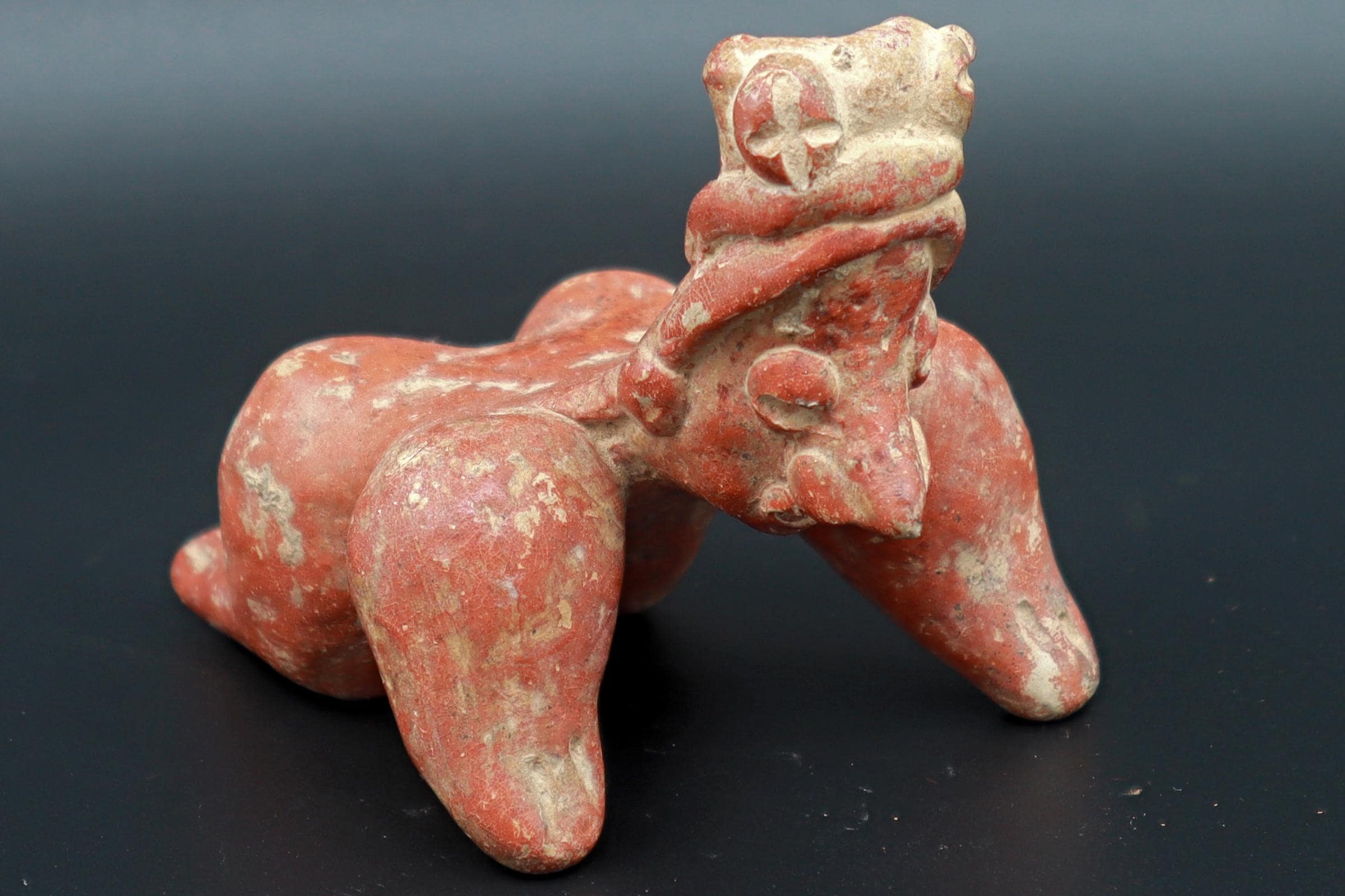Ancient Pre Columbian Nayarit Pottery Female Crawling Child Figure, Chinesco Type 300 BCE to 300 AD, West Mexico, Mesoamerican Burial Art