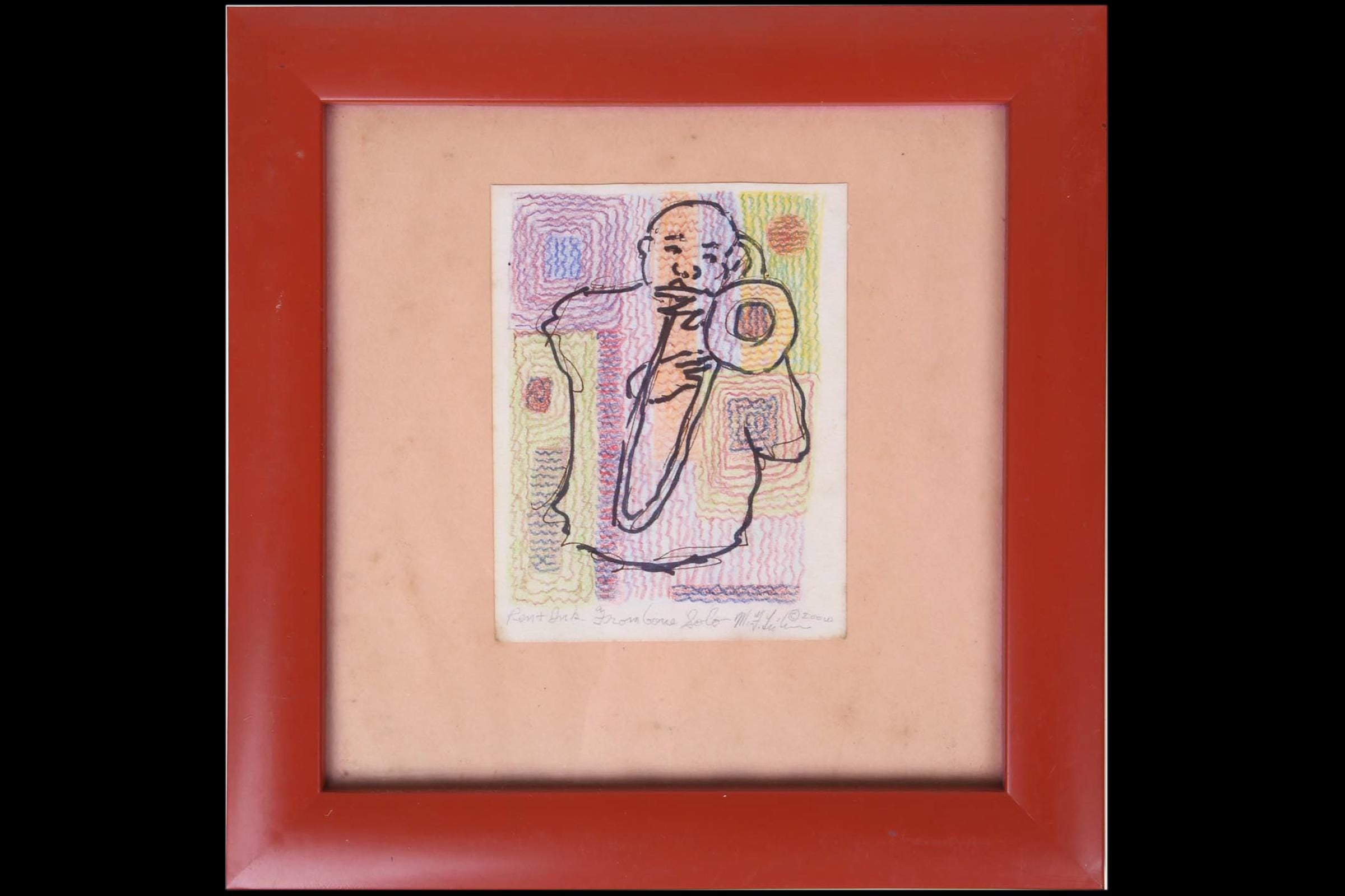 Meyer Frank Lieberman Mixed Media Ink And Watercolor Drawing Painting On Paper, Jazz Musician, Hand Signed Contemporary Judaica Art