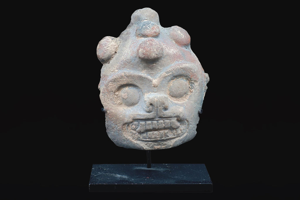 Maya Jaguar Head Applique, PreColumbian Ceramic Figurine, Mayan Ek Balam Classic Period 500 to 900 AD, Prehispanic Mexico Antiquities Art