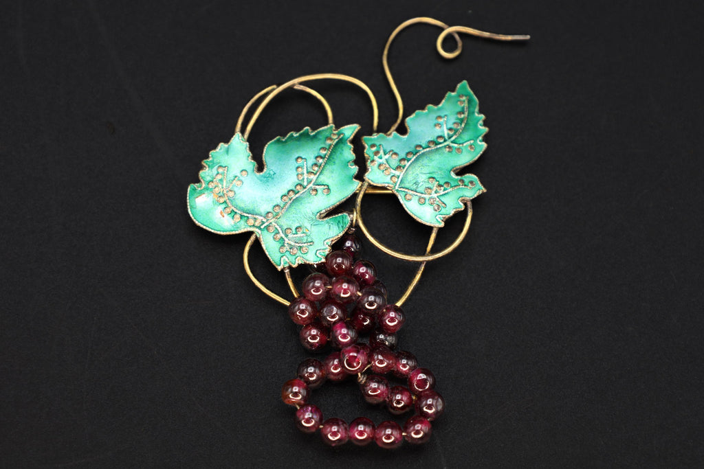 Grapes And Vine Brooch, Vintage 1970s Figural Jewelry, Vermeil Sterling Silver, Green Enamel And Round Red Garnet Beads, Fashion Accessories