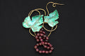 Grapes And Vine Brooch, Vintage 1970s Figural Jewelry, Vermeil Sterling Silver, Green Enamel And Round Red Garnet Beads, Fashion Accessories