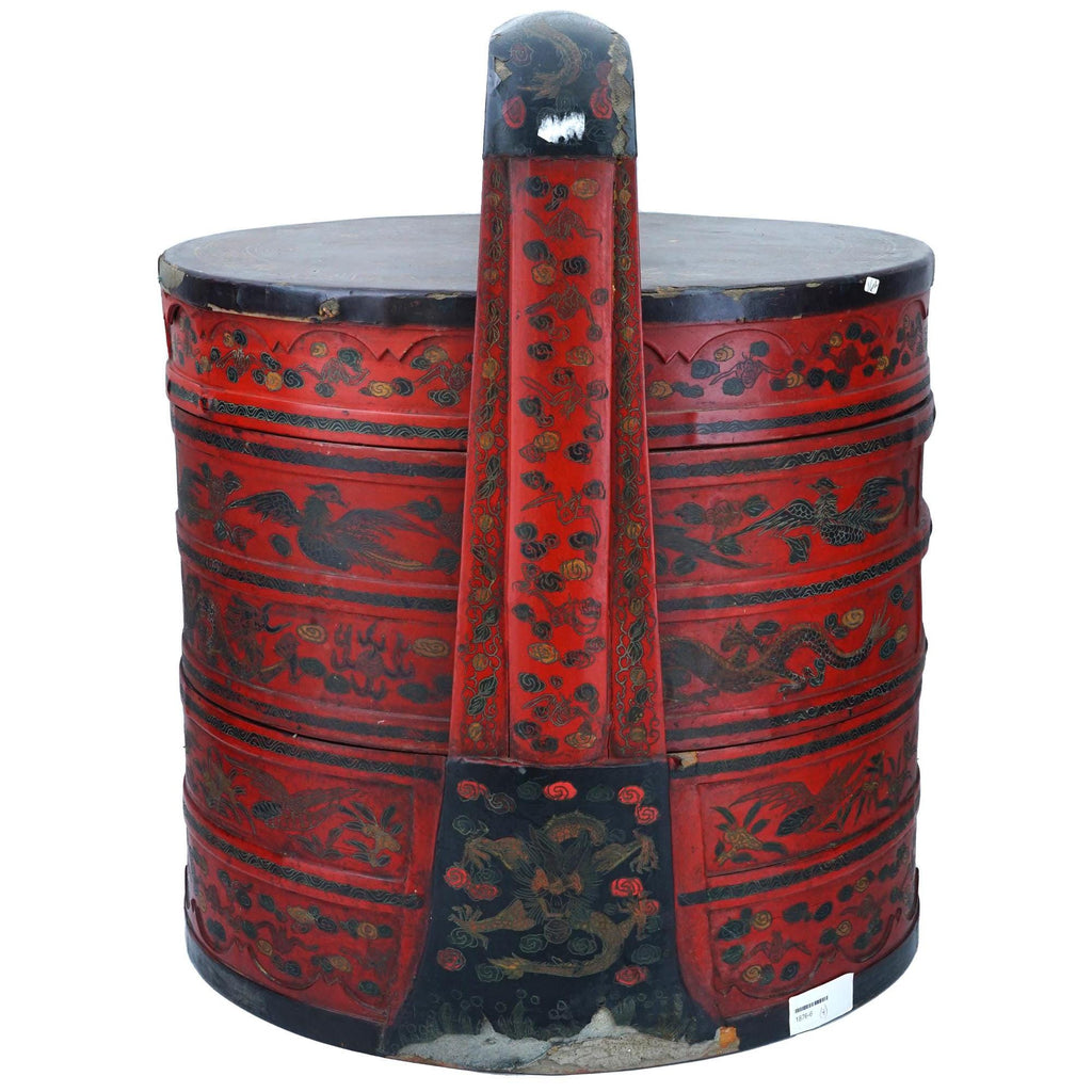 Antique Late 1800s Qing Dynasty Chinese Rice Bucket, Wooden Picnic Red Basket, Wedding Gifts, Hamper With Top Lid, Dry Food Nuts Container
