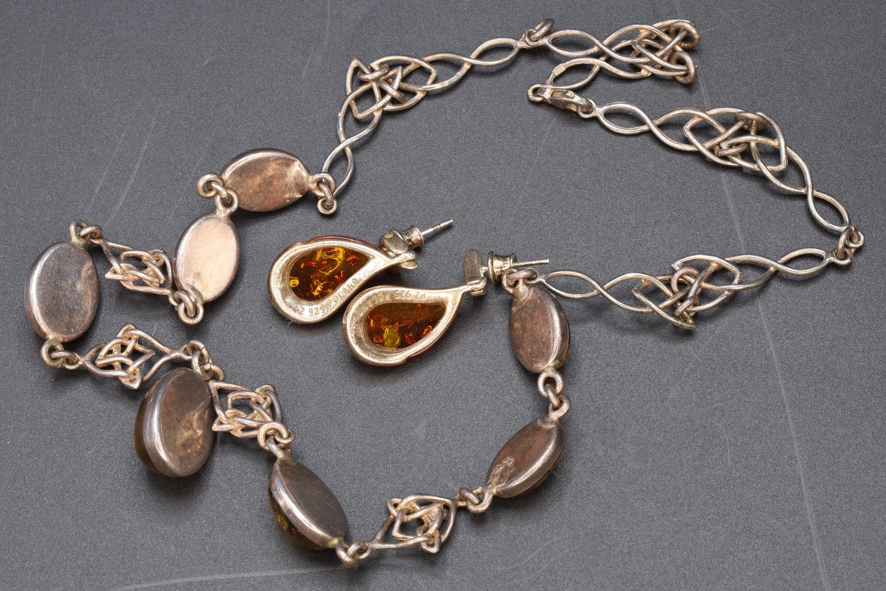 Baltic Amber And Sterling Silver Jewelry Set Arrangement, Irish Celtic Knot Necklace, Poland Drop Earrings, Vintage 1990s Modernist Design