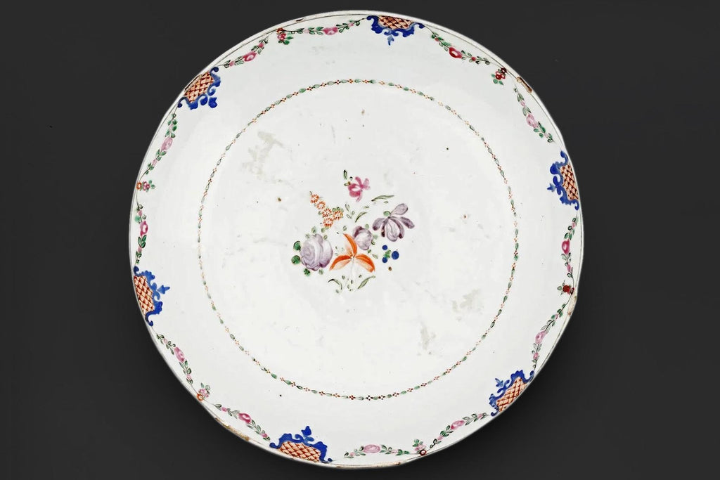 Antique 18th Century Chinese Exports Plate, Qing Dynasty, Early Famille Rose Porcelain Fruit Bowl For The Continental European Markets