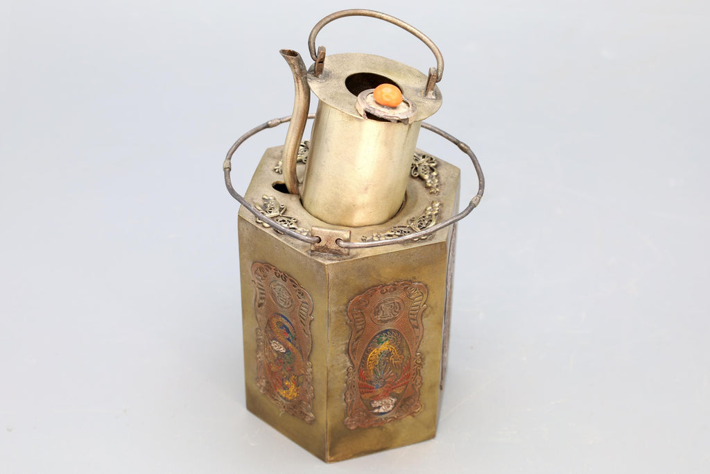 Antique 1900s Chinese Teapot, Used As Sake Warmer Pot Jug, Mixed Metals, Brass And Enamel, Oriental Arts And Crafts, East Asia Decor