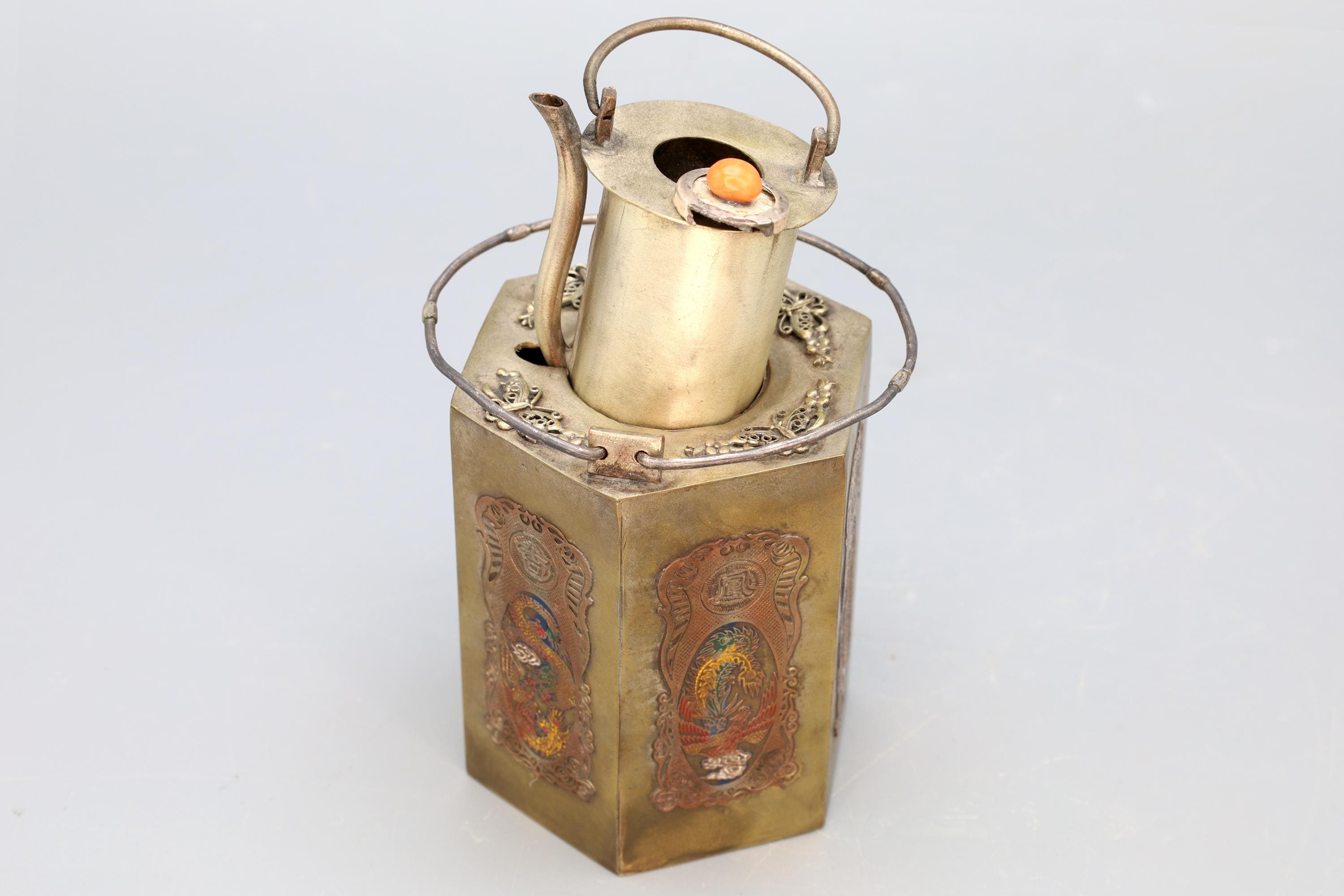 Antique 1900s Chinese Teapot, Used As Sake Warmer Pot Jug, Mixed Metals, Brass And Enamel, Oriental Arts And Crafts, East Asia Decor