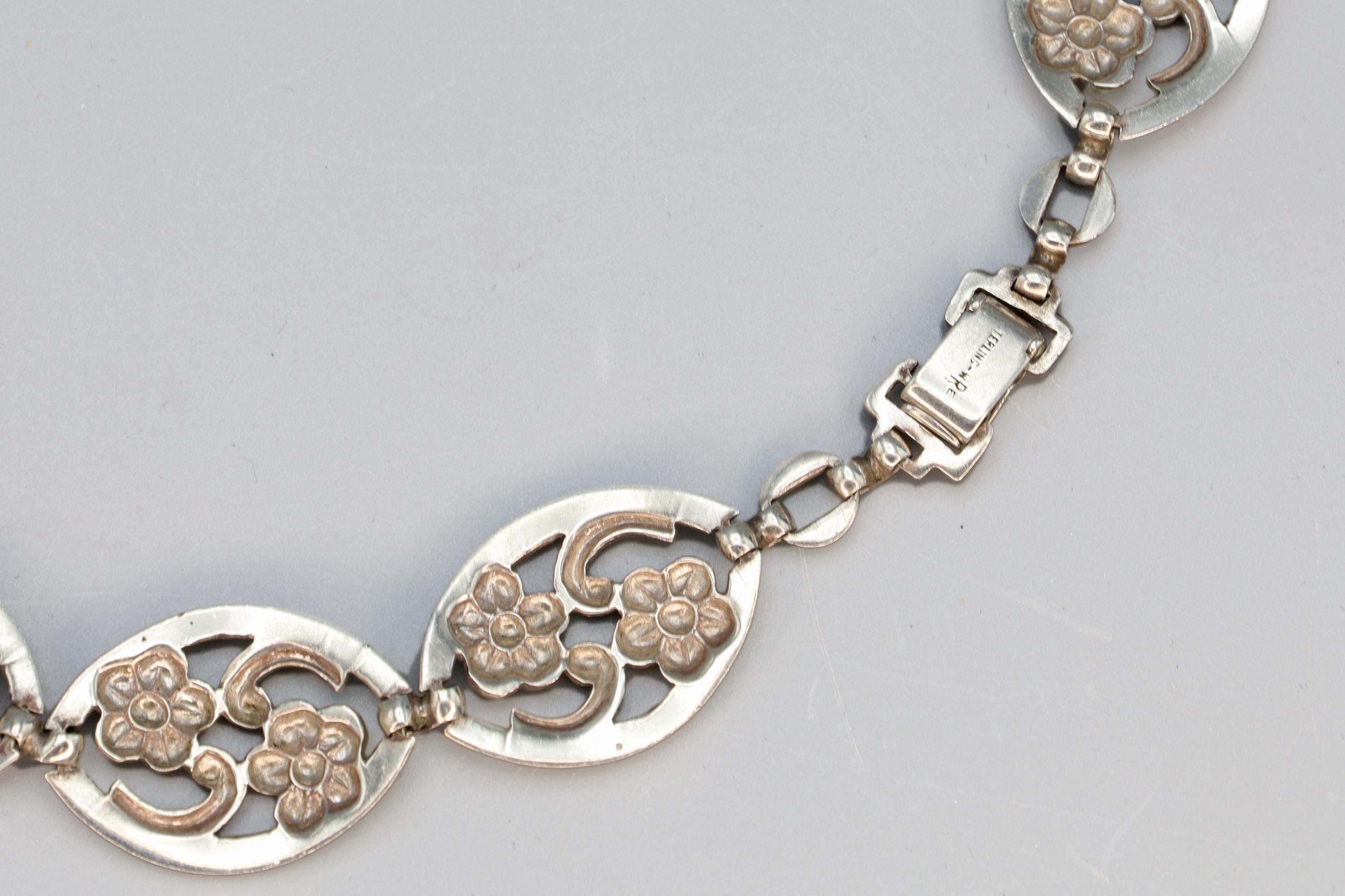 Panel Necklace With Flowers By Sterling WRE Richards, A Vintage 1950s American Jewelry, Oval Cut Out Links, Retro Fashion Accessories