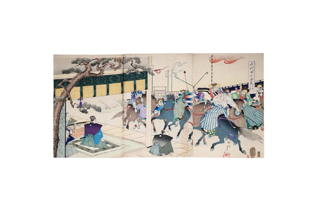 Ukiyoe Art, Original 1897 Japanese Meiji Era Woodblock Triptych By Chikanobu Yoshu, The Outer Palace of Chiyoda, Asian Oriental Art