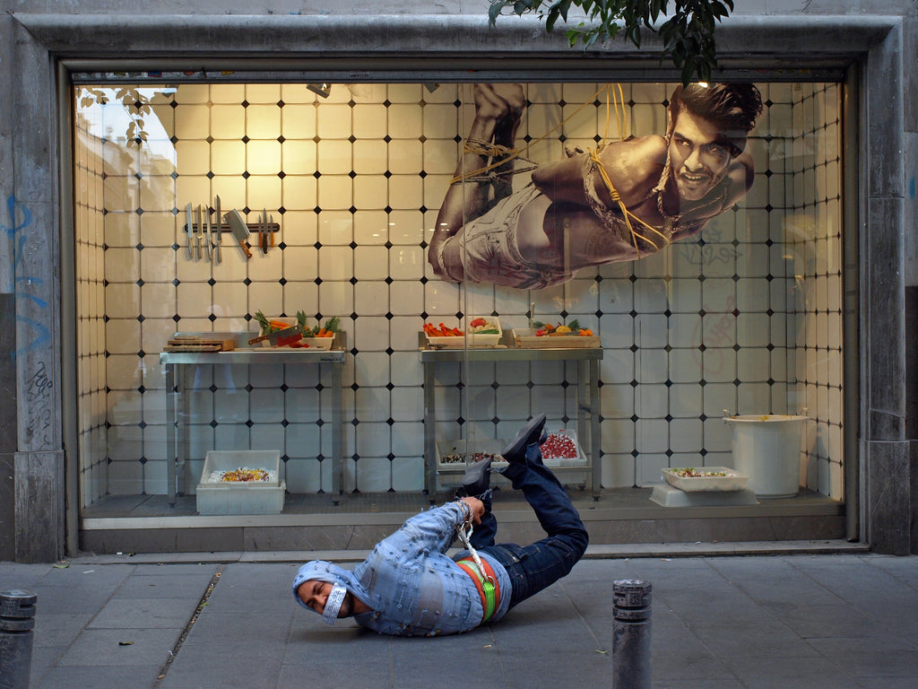 Funny Weird Street Art Performance, Calle Fuencarral Madrid Spain, Contemporary Conceptual Photography, Self Portrait As A Struggling Worker