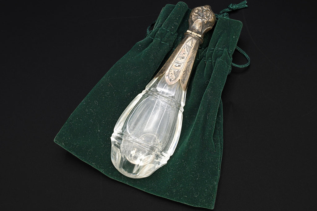 Dutch 19th Century Victorian Lay Down Perfume Bottle, Carved Crystal And Continental 835 Silver, Antique Vanity Collectibles, Netherlands