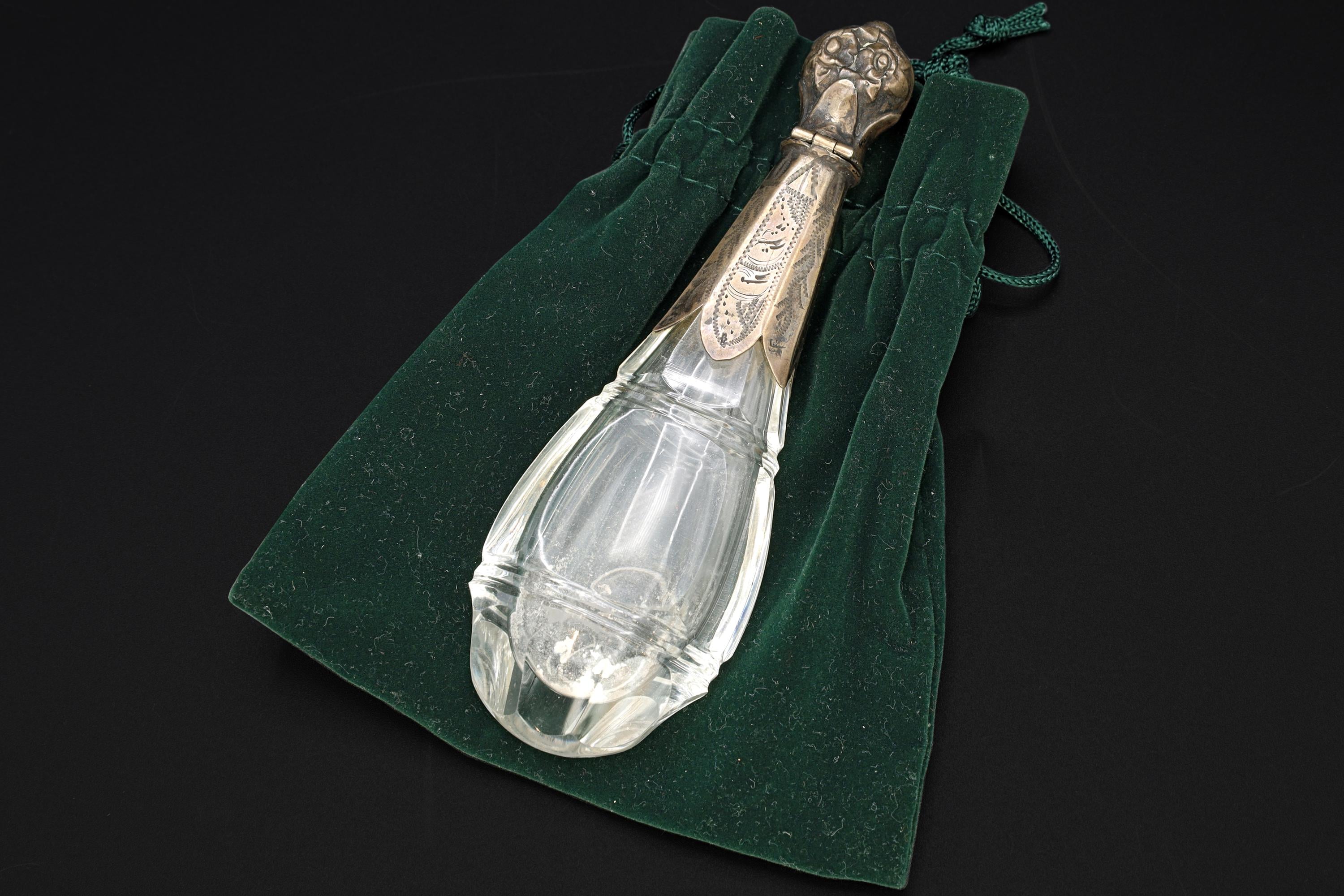 Dutch 19th Century Victorian Lay Down Perfume Bottle, Carved Crystal And Continental 835 Silver, Antique Vanity Collectibles, Netherlands