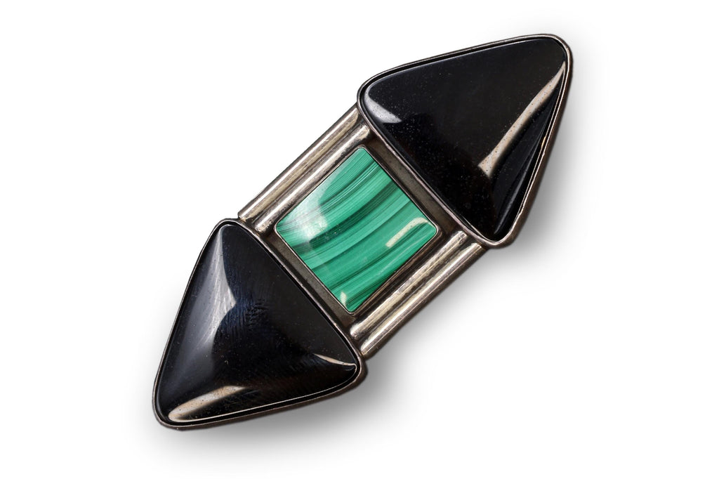 Lorenzo Smith, Sterling Silver, Black Onyx And Green Malachite Brooch, Navajo Hallmark, Southwestern Americana Fashion Jewelry, Vintage