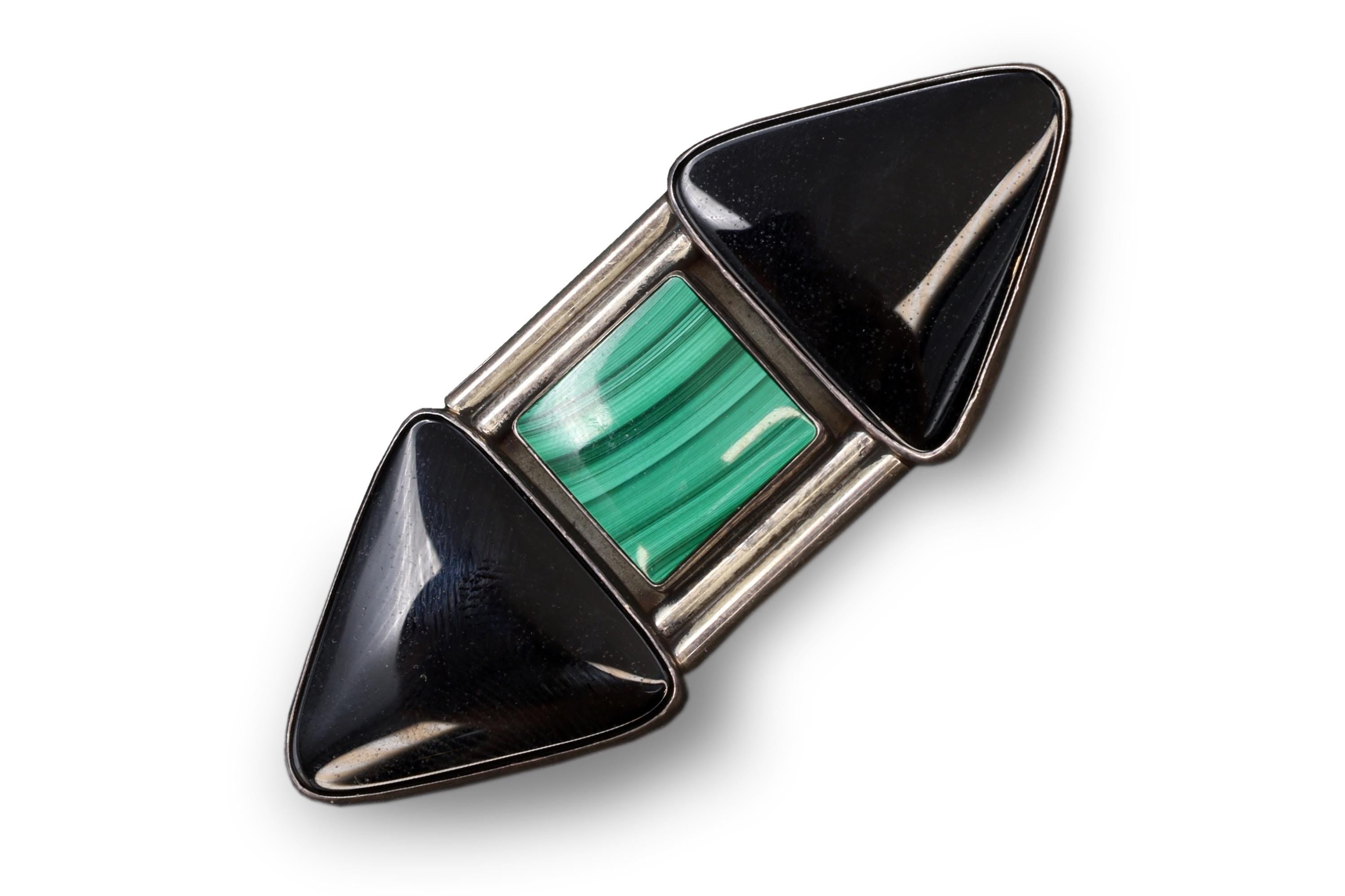Lorenzo Smith, Sterling Silver, Black Onyx And Green Malachite Brooch, Navajo Hallmark, Southwestern Americana Fashion Jewelry, Vintage