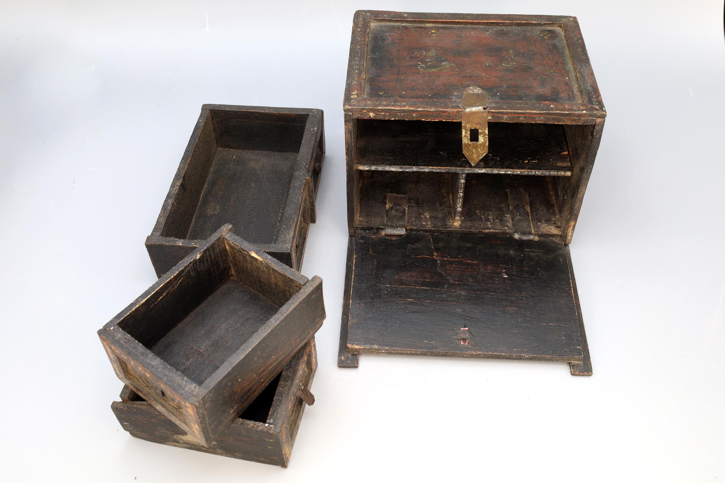 Antique 19th Century Jewelry Box With Drawers, Rajasthan India. Ethnic Rustic Cabinet, South Asia Folk Art, Oriental Crafts And Collectibles