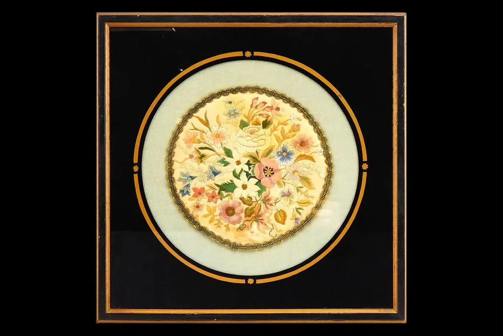 Antique 19th Century Europe Belgium Embroidery Art, Framed A Round Shaped Still Life With Blossoming Flowers, Victorian Home Decor