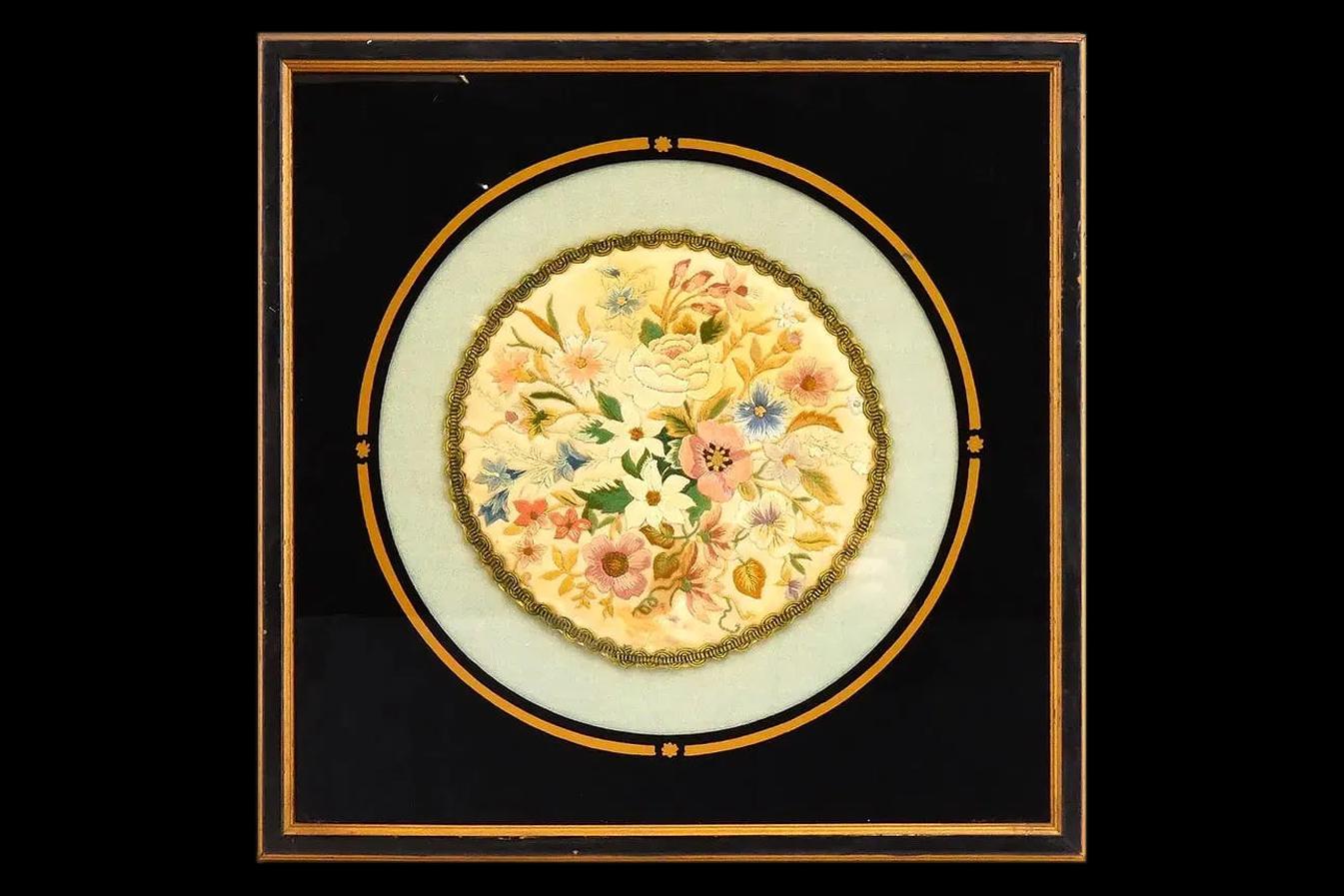 Antique 19th Century Europe Belgium Embroidery Art, Framed A Round Shaped Still Life With Blossoming Flowers, Victorian Home Decor