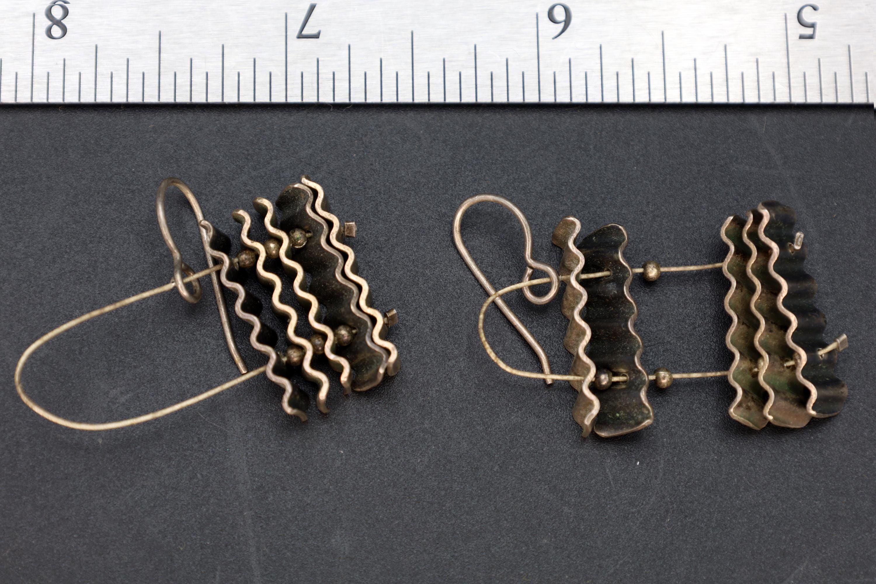 Modernist Abstract Dangle Earrings With A Ocean Waves Design, Corrugated 925 Sterling Silver Handmade Artisan Jewelry