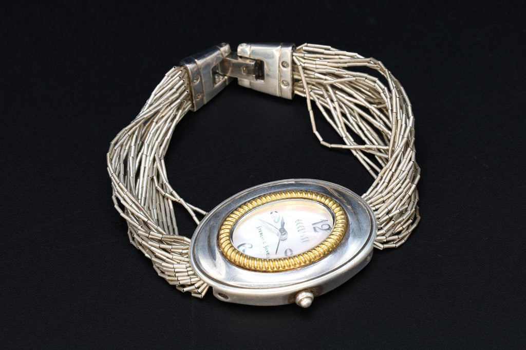 Vintage Ecclissi Womens Wrist Watch Clock, Southwestern Liquid Silver Band, 925 Silver Watch With Mother Of Pearl Dial, Fashion Accessories