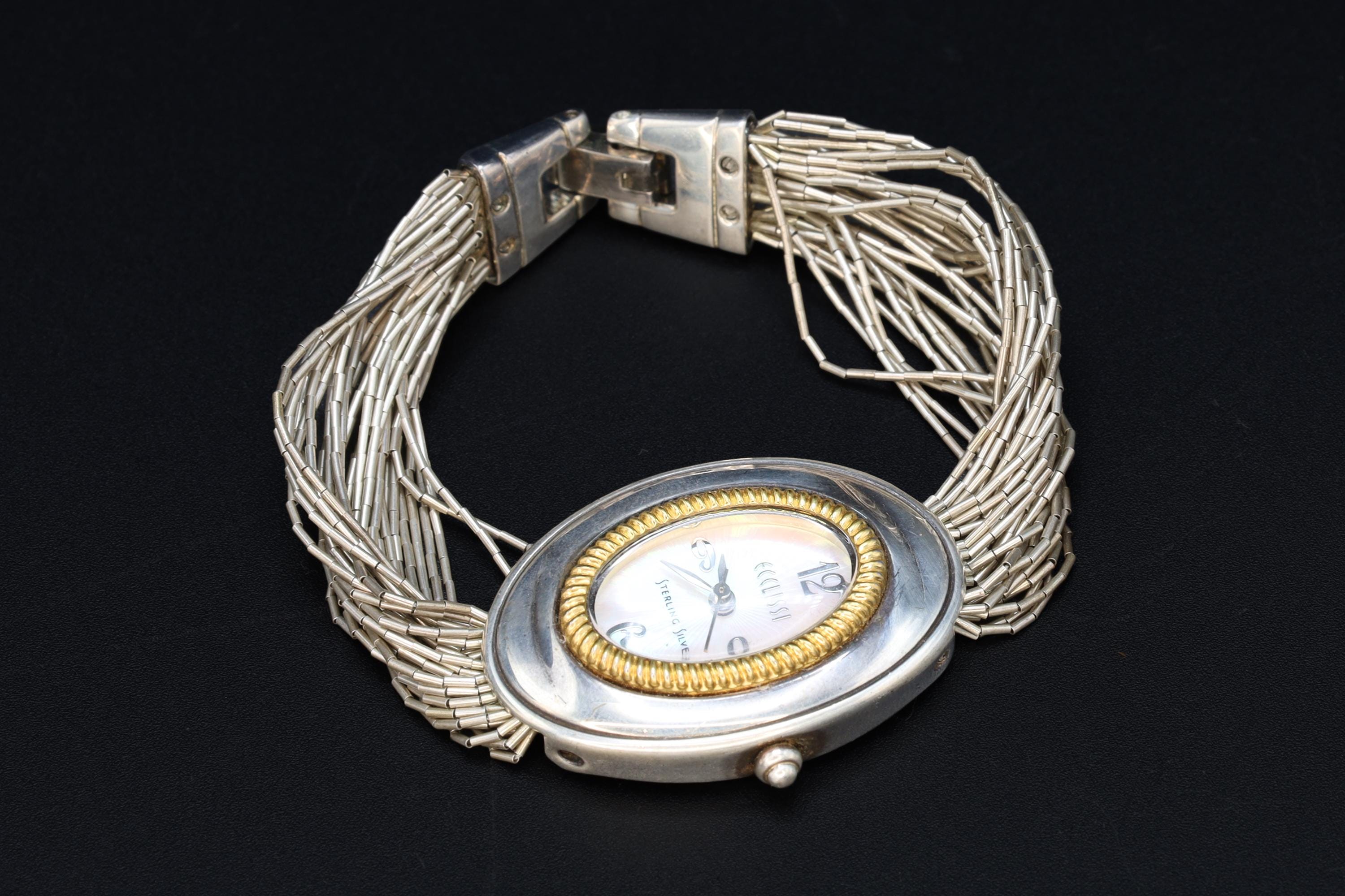 Vintage Ecclissi Womens Wrist Watch Clock, Southwestern Liquid Silver Band, 925 Silver Watch With Mother Of Pearl Dial, Fashion Accessories