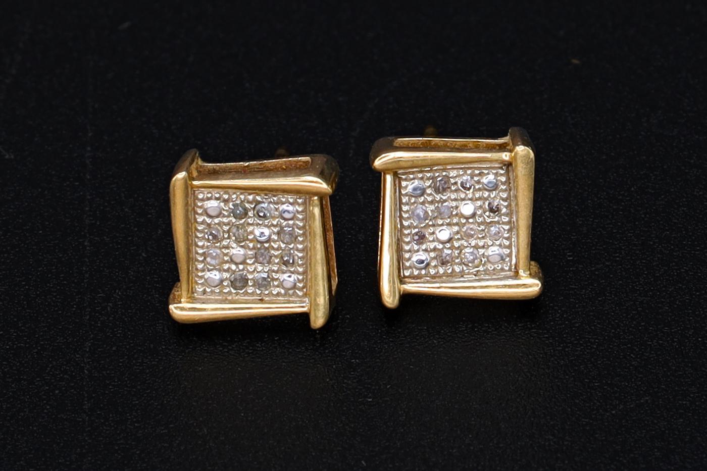 White Diamonds Grid, Small Baby Stud Earrings, Made Out With 10 Karats Yellow Gold And 32 Gemstones, Womens And Children Gold Jewelry