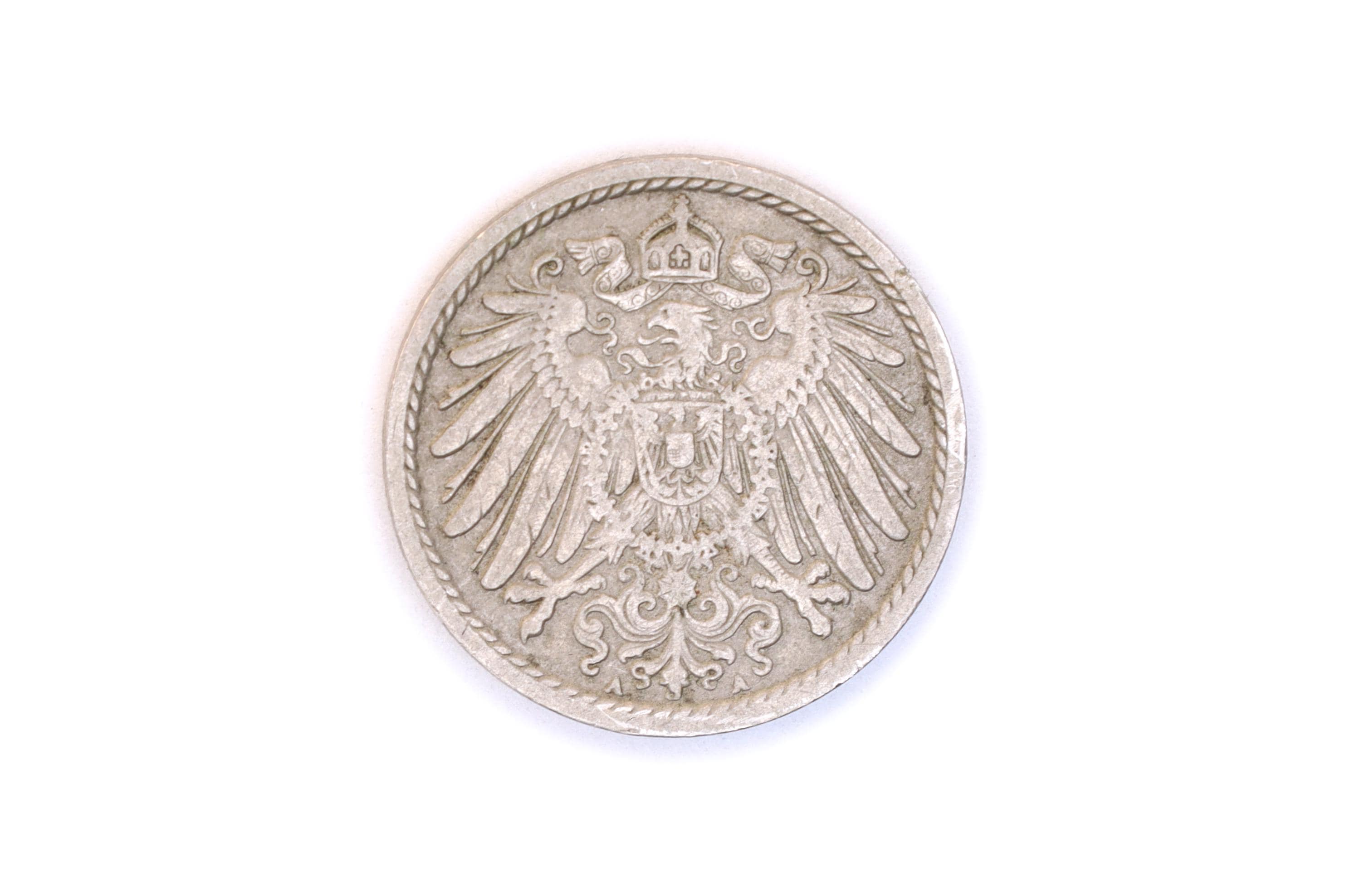 1893 Coinage Of A 5 Pfennigs Coin Under Kaiser Wilhelm II, Berlin Type 2 With Small Shield, Copper Nickel Medal Alignment, Currency Mark