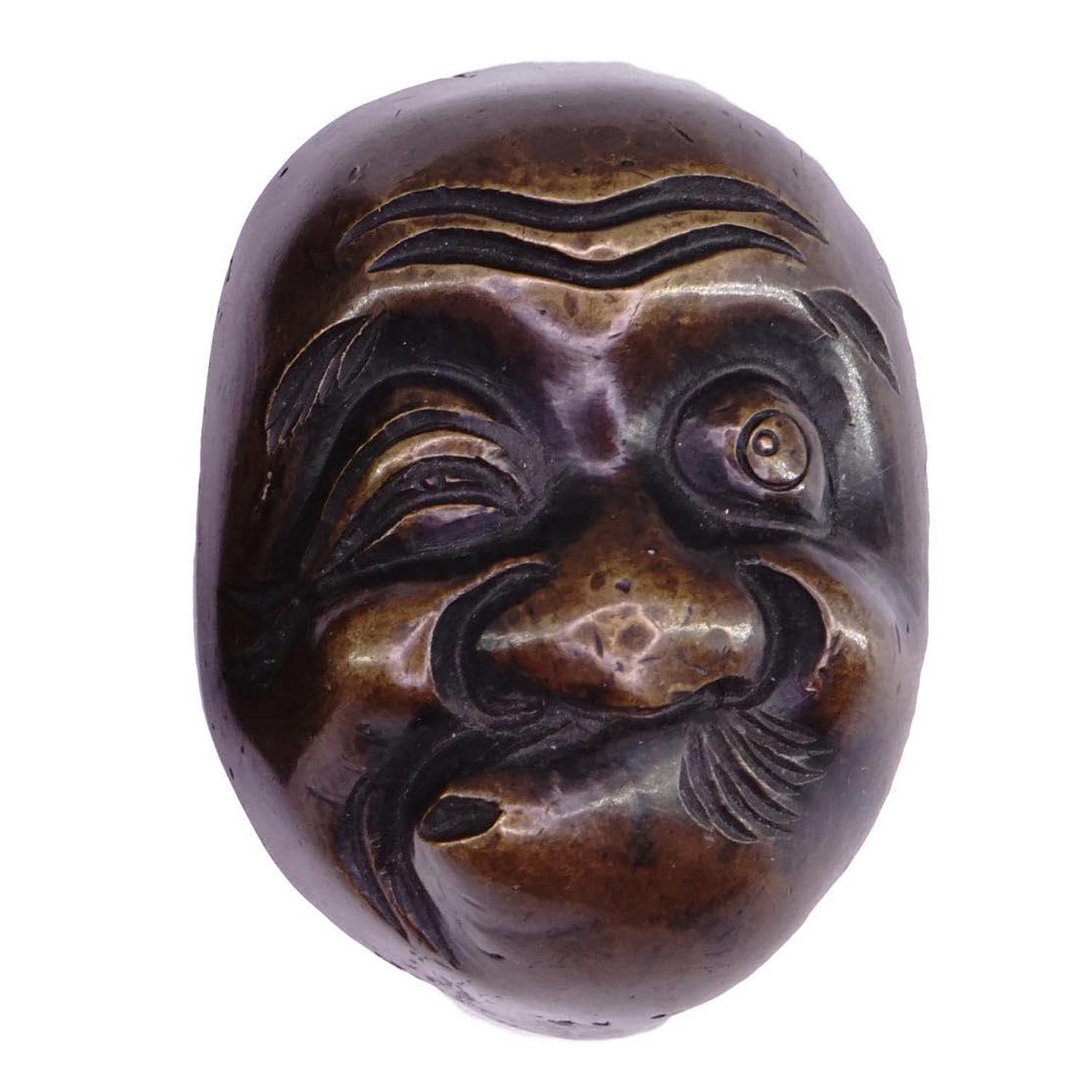Antique Early 20th Century Taisho Era Japan Decorative Wall Hanging Mask. Hyottoko Bronze Miniature Figure On Art Deco Wooden Frame