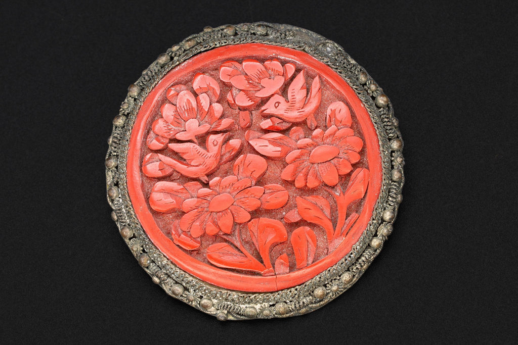 Antique 1920s Art Deco Brooch, A Carved Red Cinnabar And Silver Plated Brass, Chinese Republic Era Jewelry, Floral Design In A Round Pin