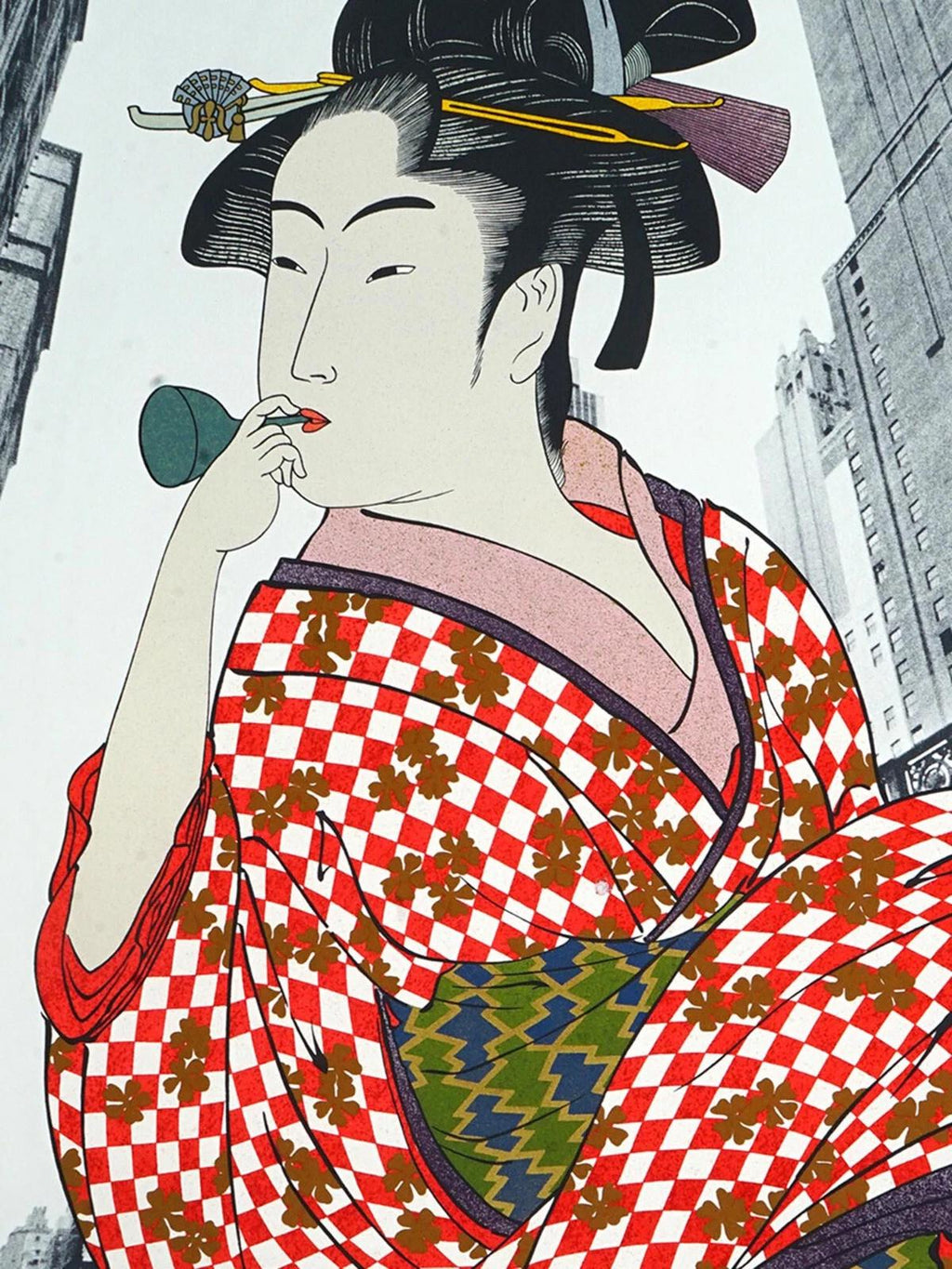 Japanese Geisha In Grand Central, NYC 1981. Color Serigraph Print On Paper By Michael Jay Knigin, Hand Signed
